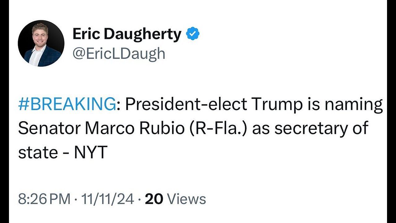 🚨BREAKING🚨 Trump plans to appoint Marco Rubio as his Secretary of State.