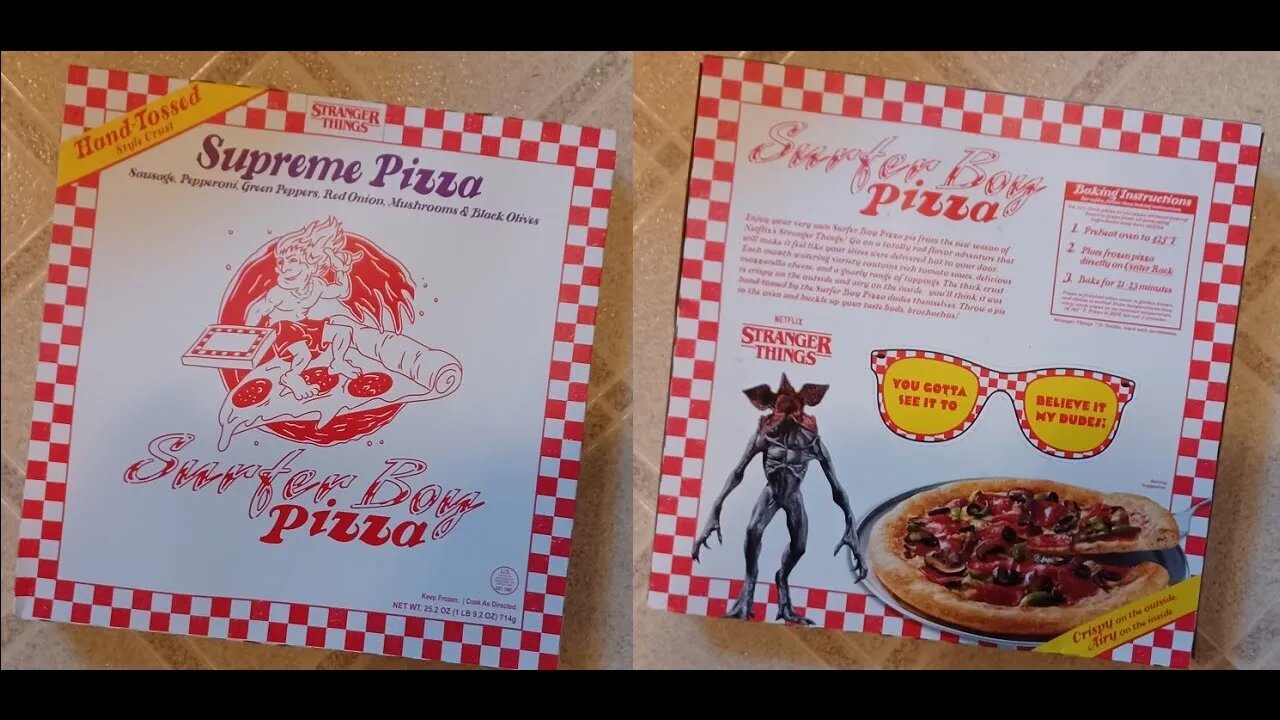 CURIOS for the CURIOUS 106: Netflix STRANGER THINGS Surfer Boy Pizza box art. Palermo's.