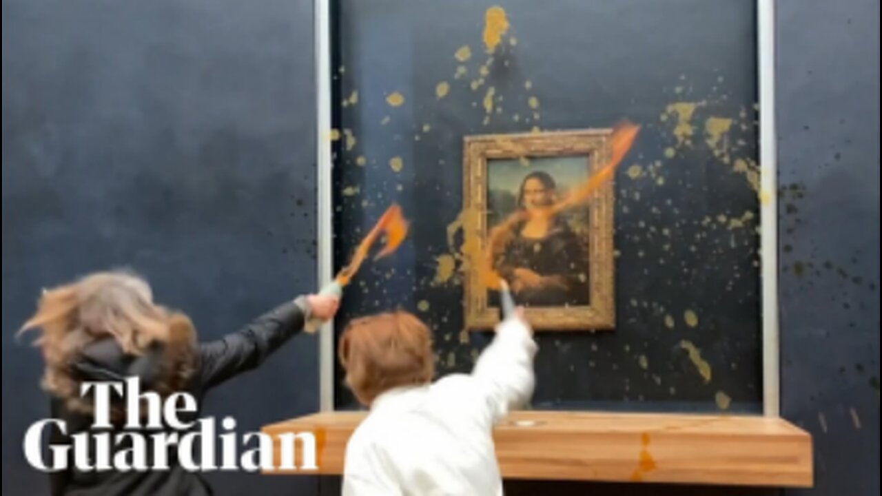 Moment protesters throw soup at Mona Lisa painting in Paris