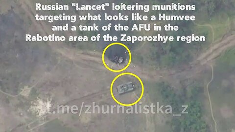 Russian "Lancet" loitering munitions targeting Humvee and a tank of the AFU area Zaporozhyeoks lik