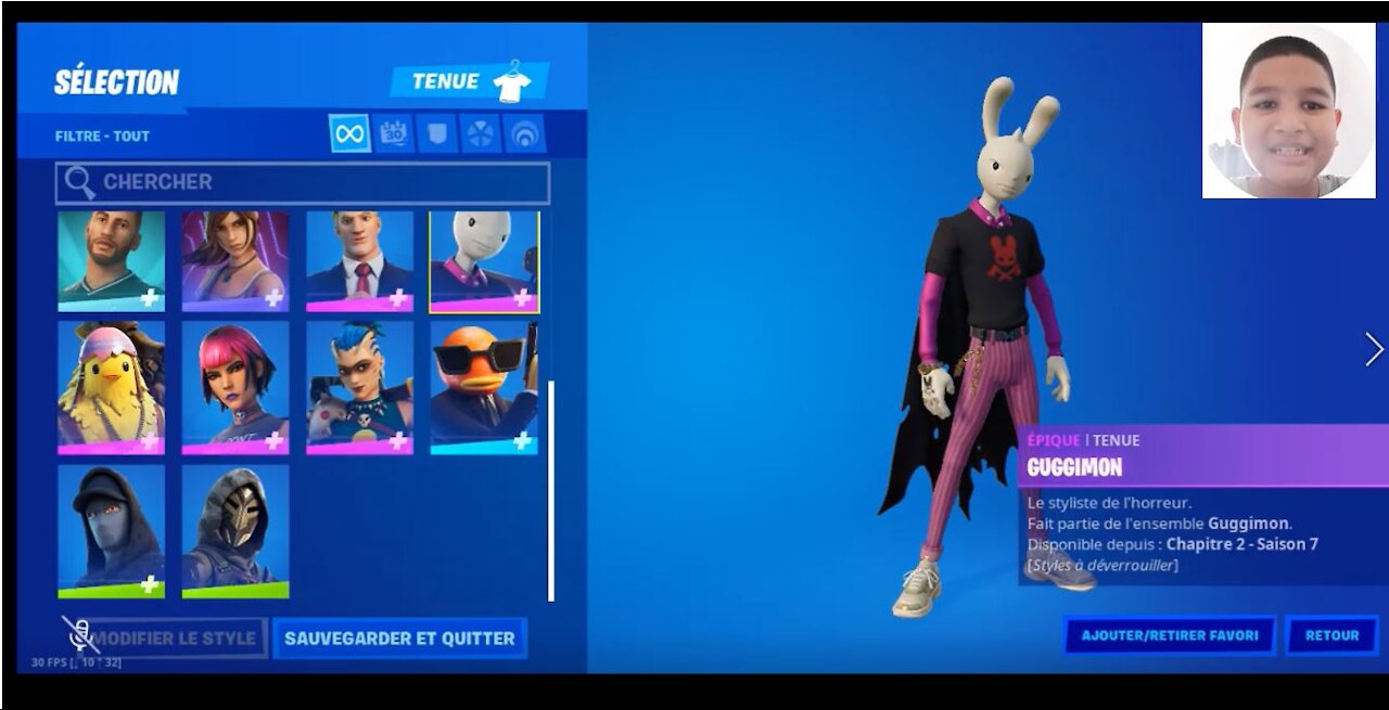 Fortnite 2021 saison 7 - skin de Batman et Lapin Guggimon - profile de Joshua