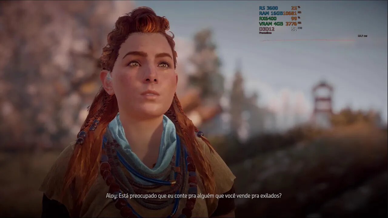 Horizon Zero Dawn no Ultra Difícil, em 1920x1080p Qualidade Original na RX6400.