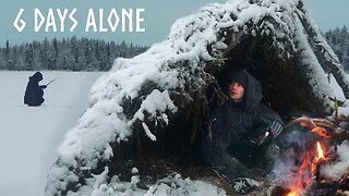 6 Day Winter Camping by a Frozen Lake: ICE FISHING & Building a Bushcraft Shelter