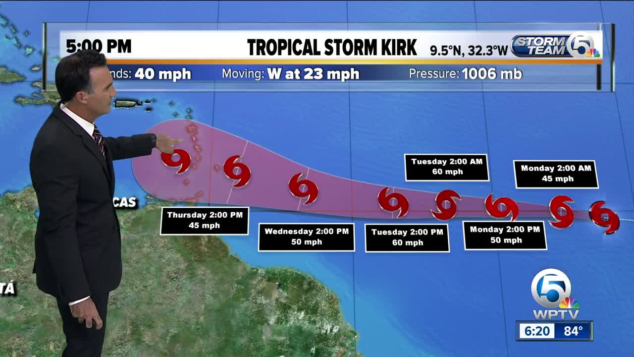 Tropical Storm Kirk moving fast toward the west over the tropical Atlantic