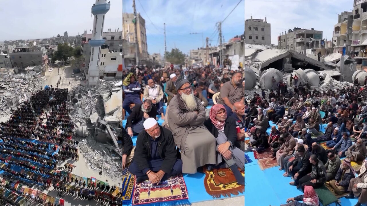 Palestinian Muslims Pray near the Ruins of Mosque destroyed by Israel