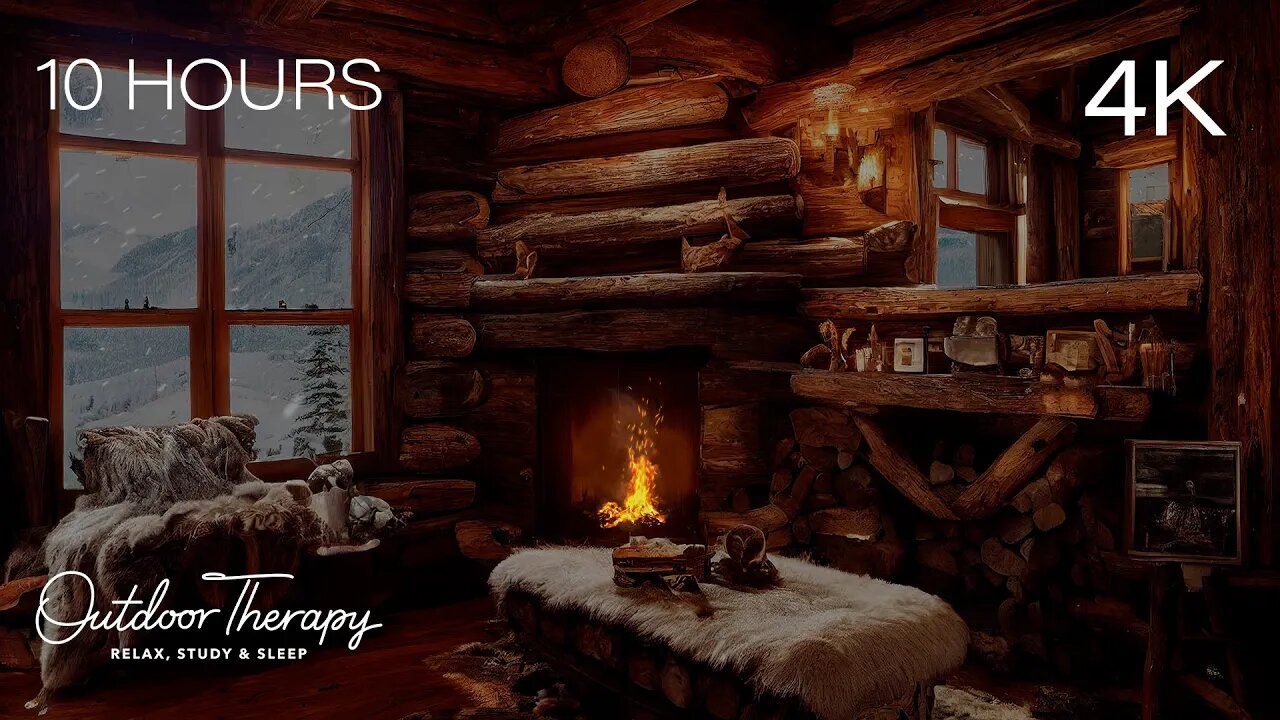 COZY NIGHT at a MOUNTAIN CABIN | Crackling Fire with Howling Wind & Blowing Snow Ambience