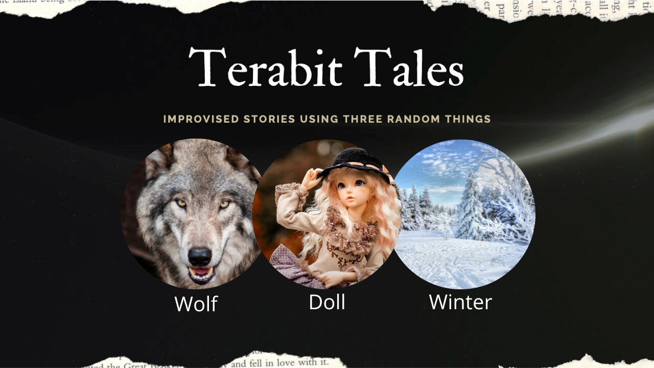 A wolf and a doll in the winter.