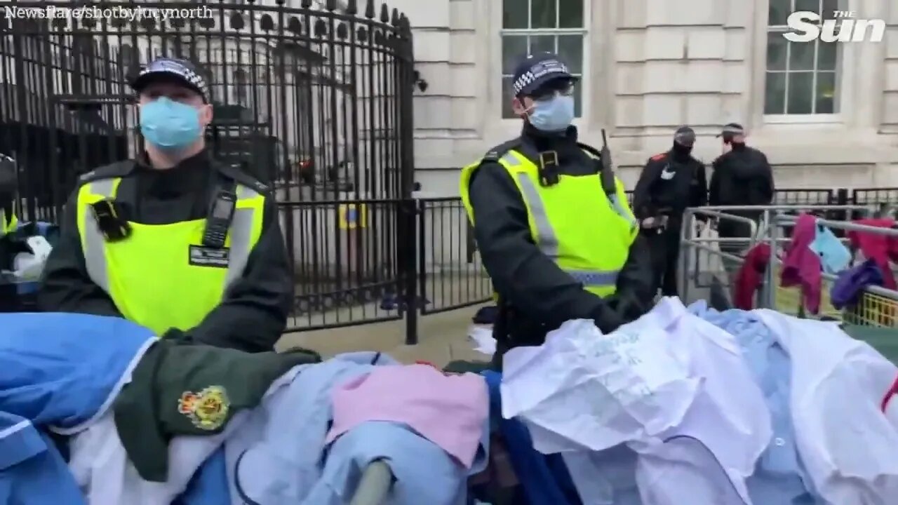 Health Care Workers Throw Uniforms At Downing Street During Protest