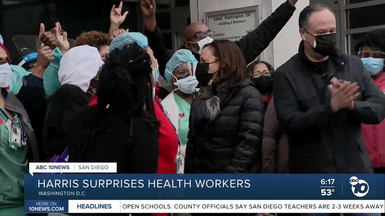 Harris surprises health workers