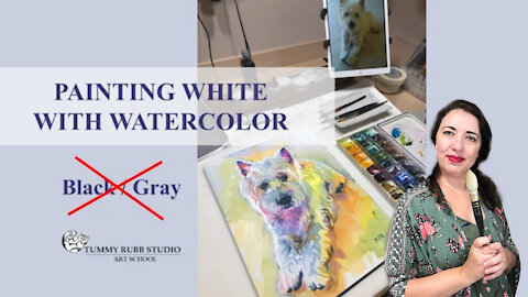 Learn to paint white fur with watercolor: colorful dog portrait