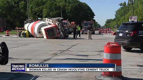 Woman dead after cement spills onto vehicle following hauling truck collision in Romulus