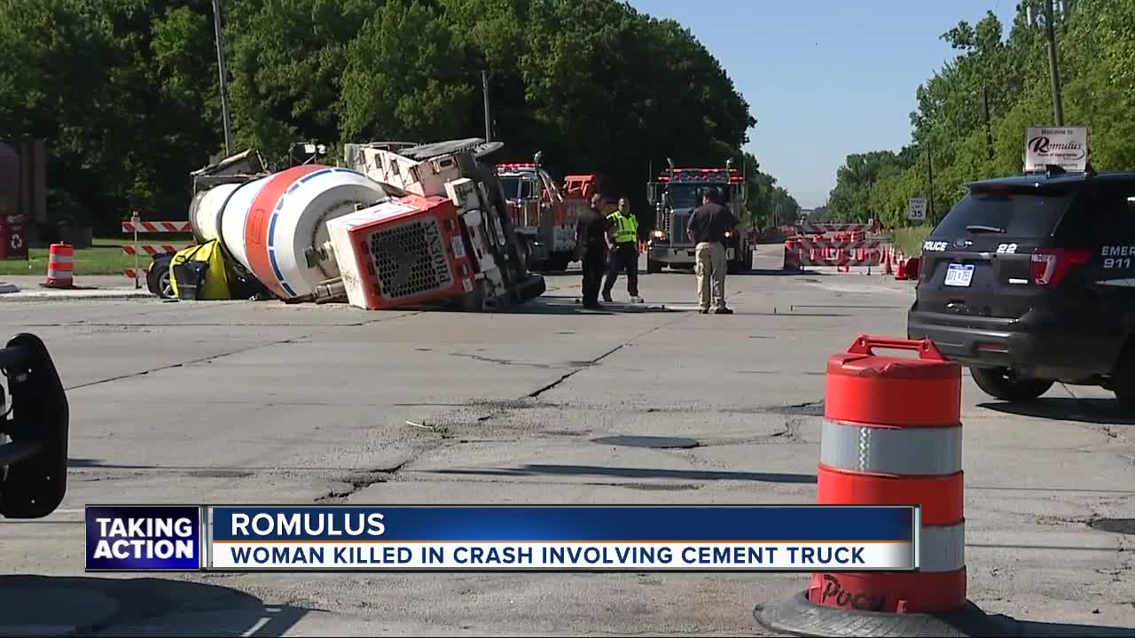 Woman dead after cement spills onto vehicle following hauling truck collision in Romulus