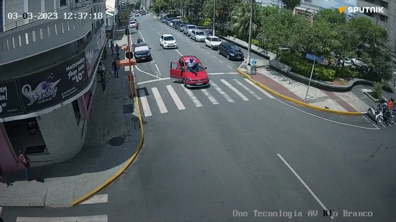 Cãozinho cruza rua e motociclista cai sentado em capô de carro