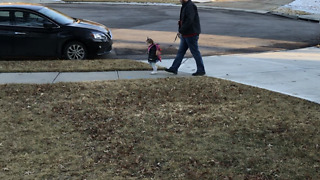 Dad walks his daughter on a leash