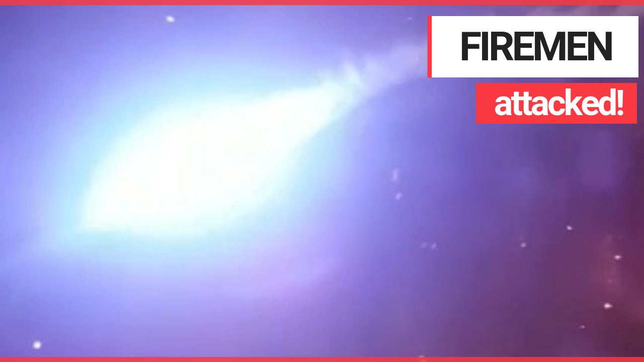 Horrifying footage shows moment a fire crew attacked with fireworks