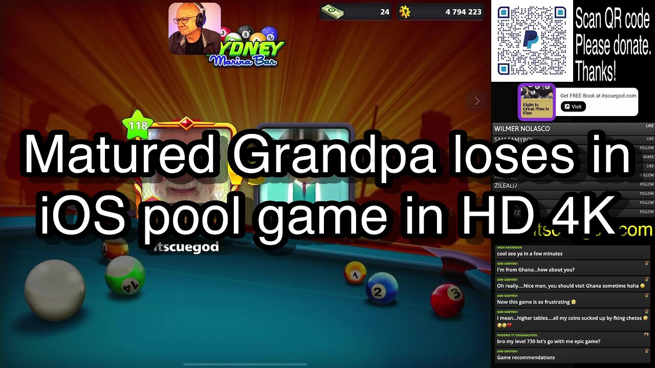 Matured Grandpa loses in iOS pool game in HD 4K 🎱🎱🎱 8 Ball Pool 🎱🎱🎱[ReRun]