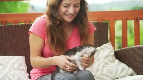 Girl playing with kitty on the deck, steadycam shot