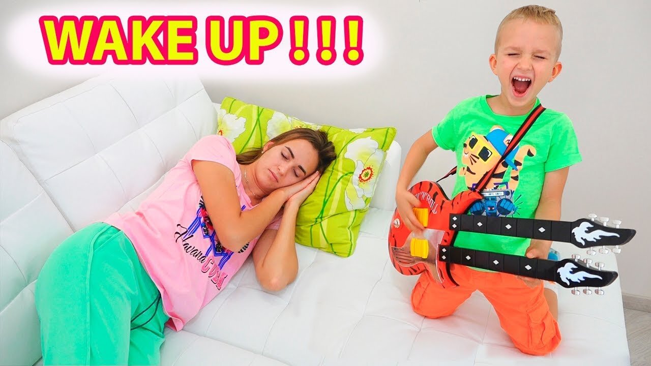 Vlad and Nikita pretend play music and wake up Mom