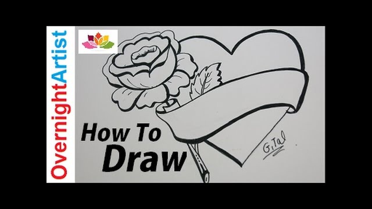 Beautiful Easy Drawing For Real Beginners- How To Draw Heart rose & banner