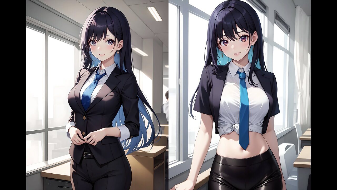 AI Lookbook Anime Beauty - A beautiful secretary wearing a sexy belly button shirt