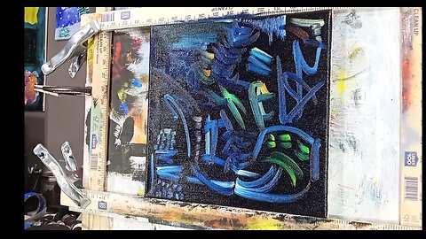 "Mac Tonight" Abstract Oil Painting on canvas 12x12 Prussian Blue, its black till you add something
