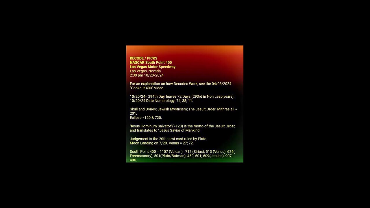 DECODE / PICKS NASCAR SOUTH POINT 400. Expand & Pause Screen to Read or See Description.