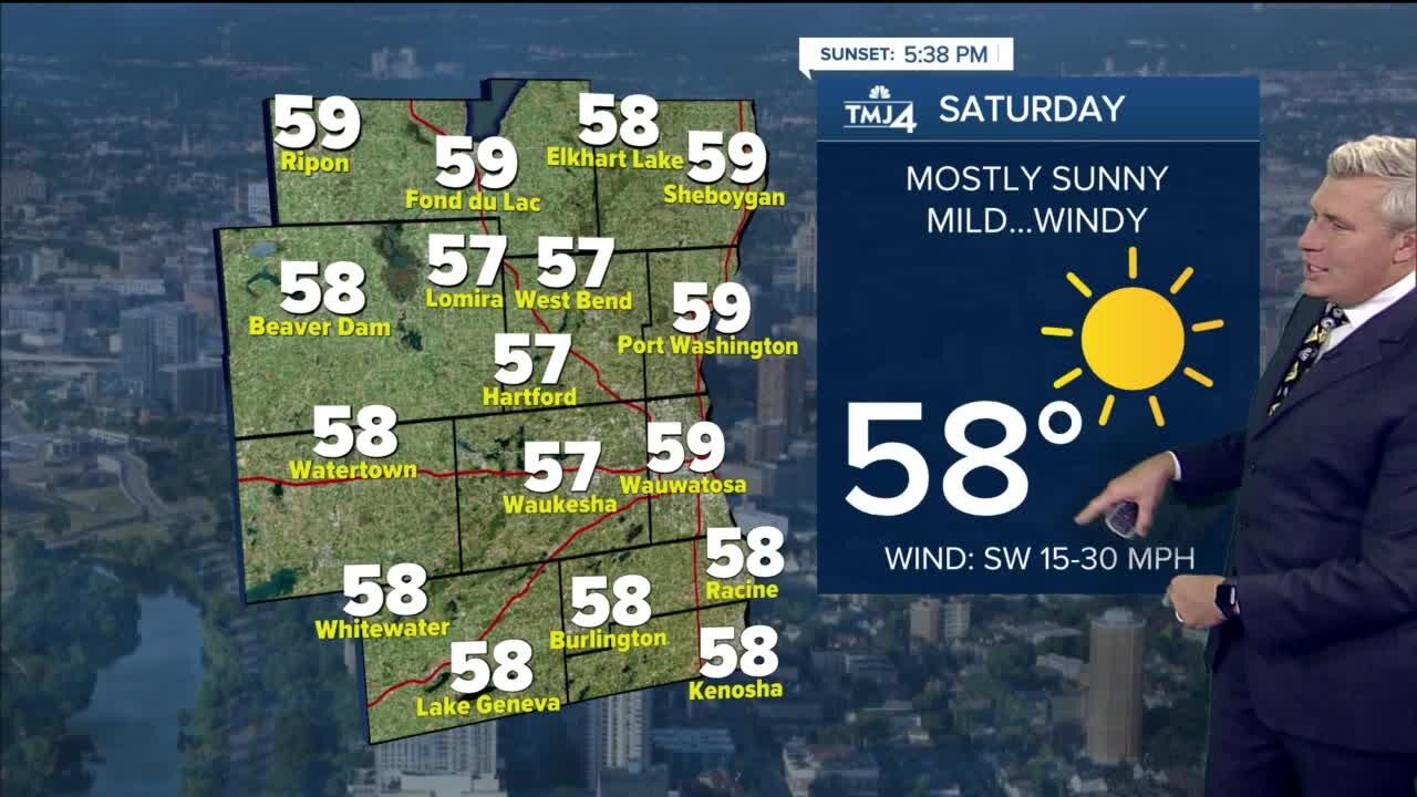 Mostly sunny with temps in upper 50s on Saturday