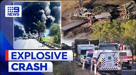 Massive explosion of fire after crash with seven vehicles and army tank 9 News Australia