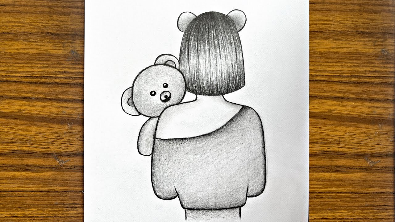 How to draw a girl with Teddy Bear pencil sketch Step by step