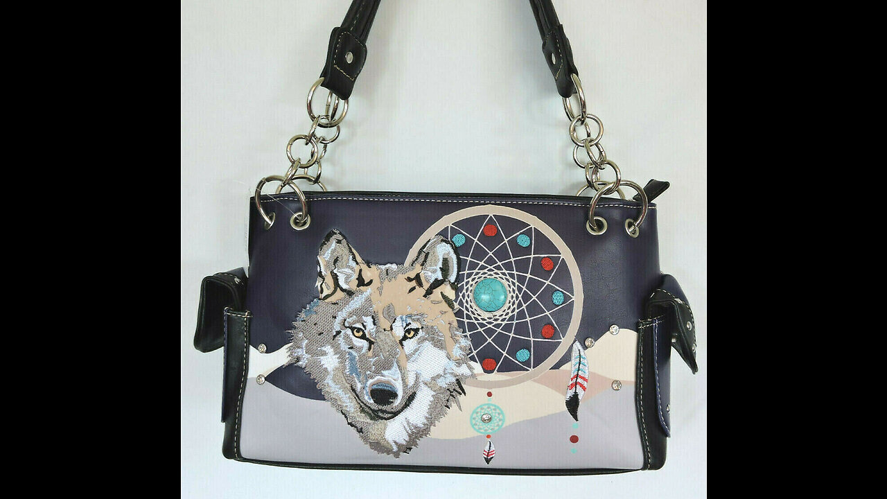 Wolf Embroidery Dream Catcher Feather Tribal Conceal Carry Tote Handbag Purse