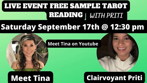 Free Live Event Tarot-Clairvoyant Reading Sat sept 17th 12:30 PST with Priti