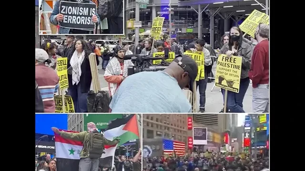 Fury as Palestinian protester waves a SWASTIKA at anti-Israel rally in New York City's Times Square