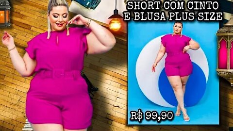 🛑 PLUS SIZE CONJUNTO SHORT COM CINTO E BLUSA VESTE 48 AO 52