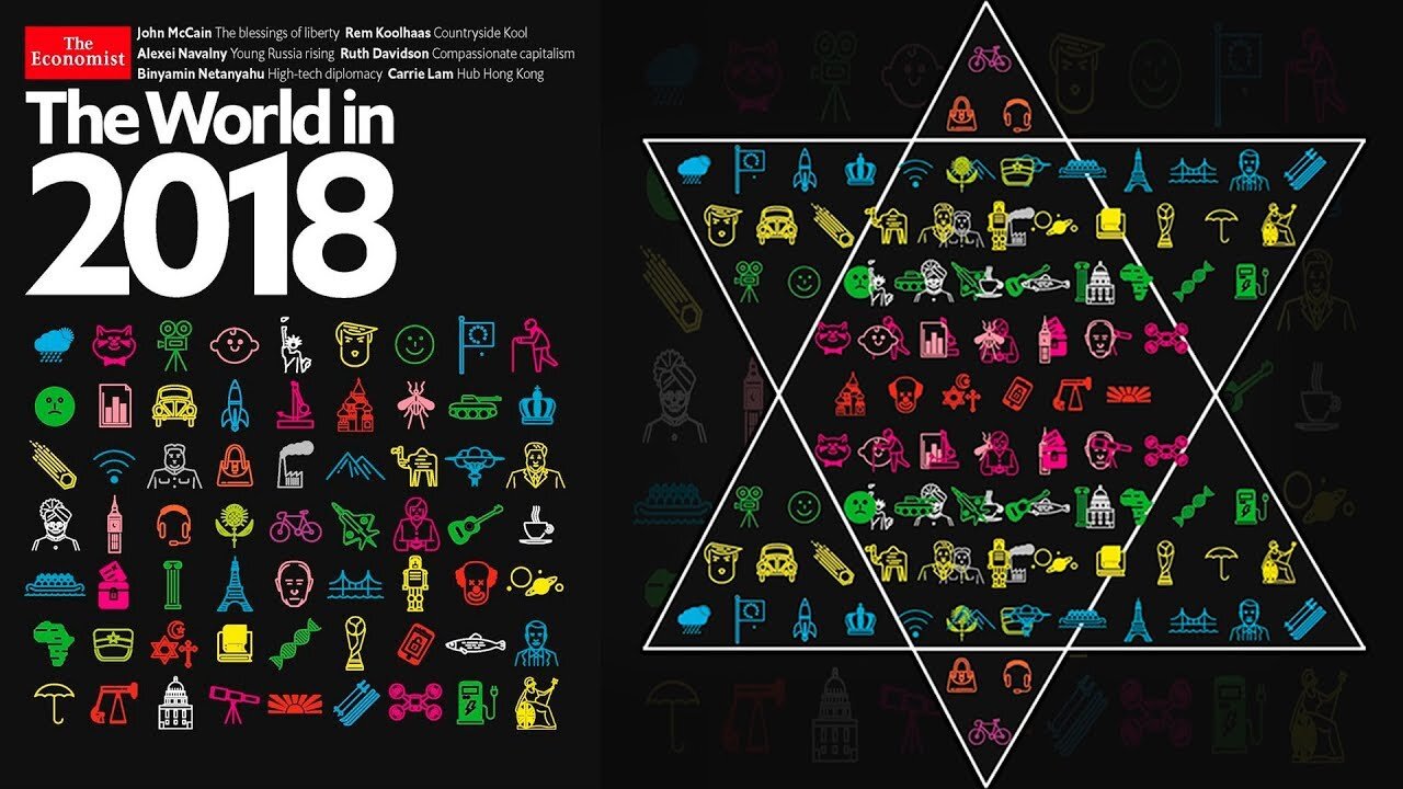 LA RIVISTA D'OCCULTURA MASSONICA THE ECONOMIST-THE WORLD IN 2018 ANALISI COMPLETA DEI MESSAGGI OCCULTI questa copertina uscì come tutti gli anni a novembre nel 2017 e mostravano il futuro le figure