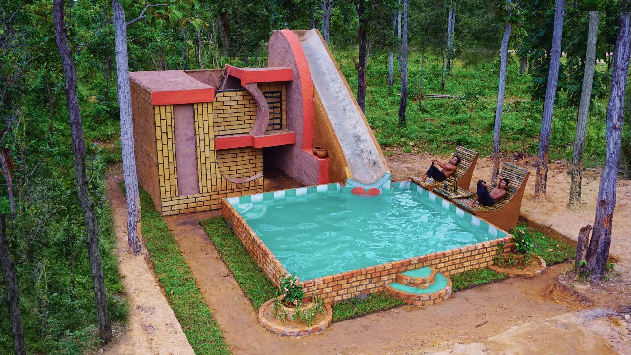 Creating Water Slide Park Into brick Swimming Pool On Modern Villa House By wooden brick