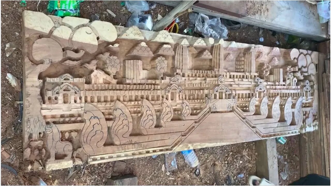 Creative woodcarving Angkor Wat temple On Large wood board