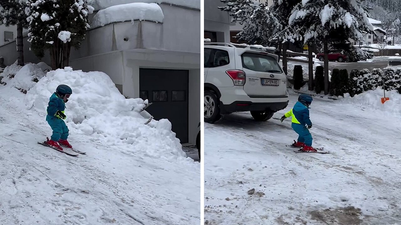 Kid goes skiing down his driveway