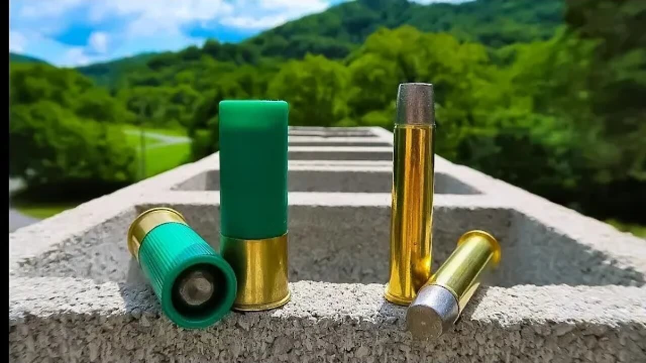 12 gauge slug VS 4570 GOVT Hard Cast - Cinder Block Test