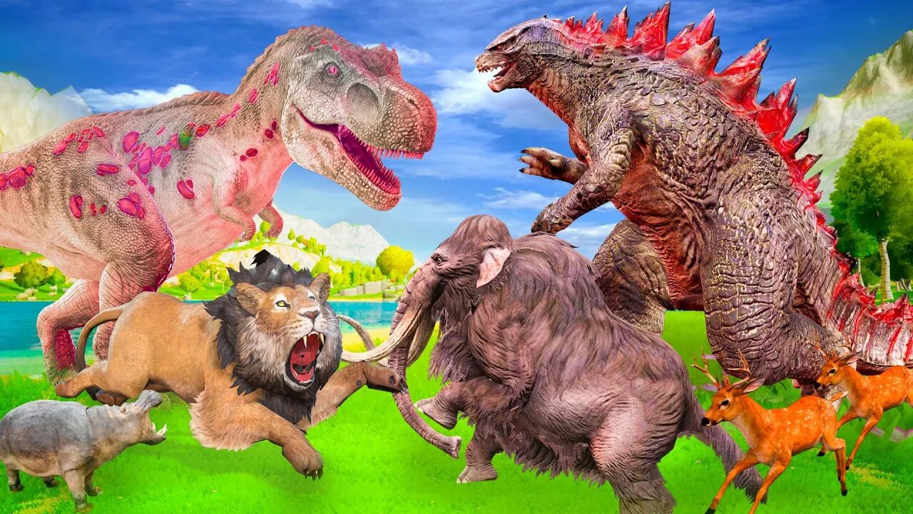 Godzilla vs Zombie Dinosaur Attack Woolly Elephant Lion Deer Chase Saved by T rex Animal Epic Battle