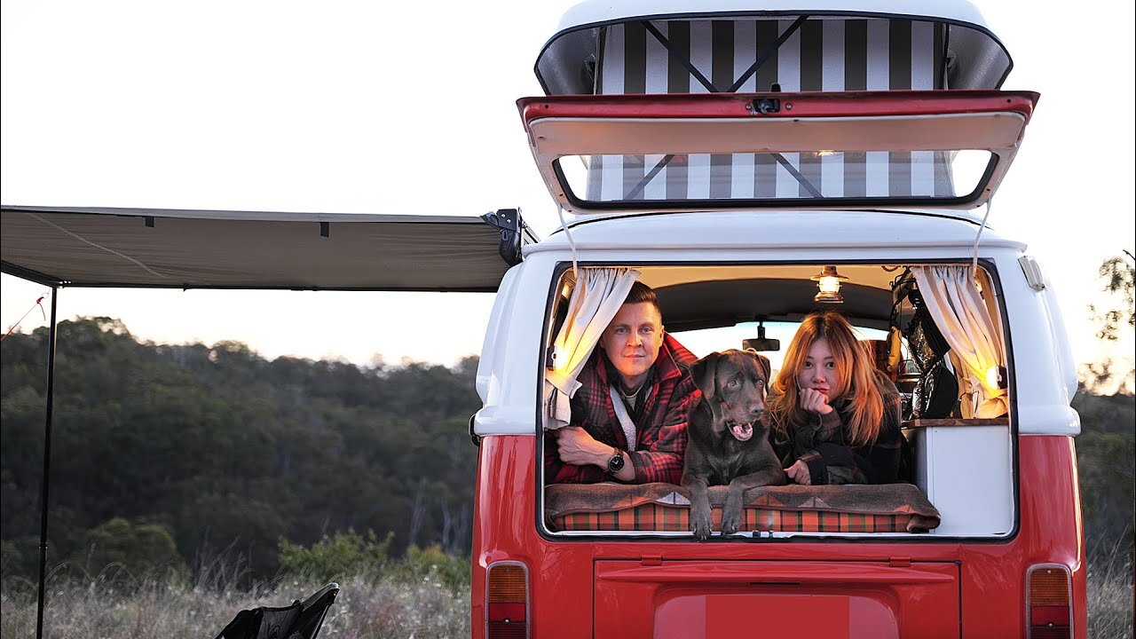 COZY Camping In An Iconic 1975 VW Bus [ RELAXING Morning Rain, Van Life ASMR ]