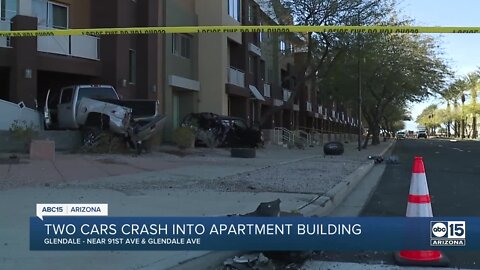 Driver at-large after two-vehicle crash into apartment building near Westgate in Glendale