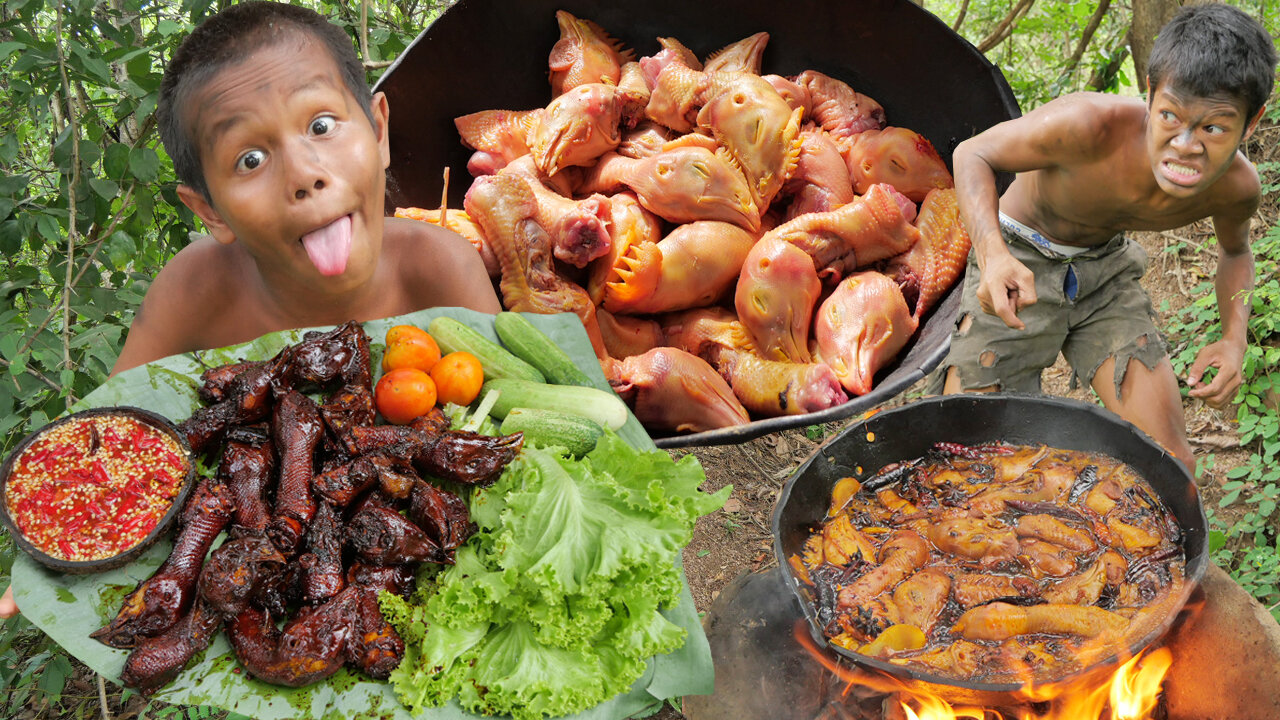 Primitive Technology- Headchicken Coocking - Eating Delicious