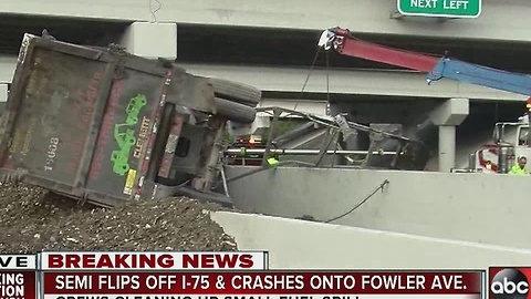 Semi flips off I-75 and crashes onto Fowler Avenue