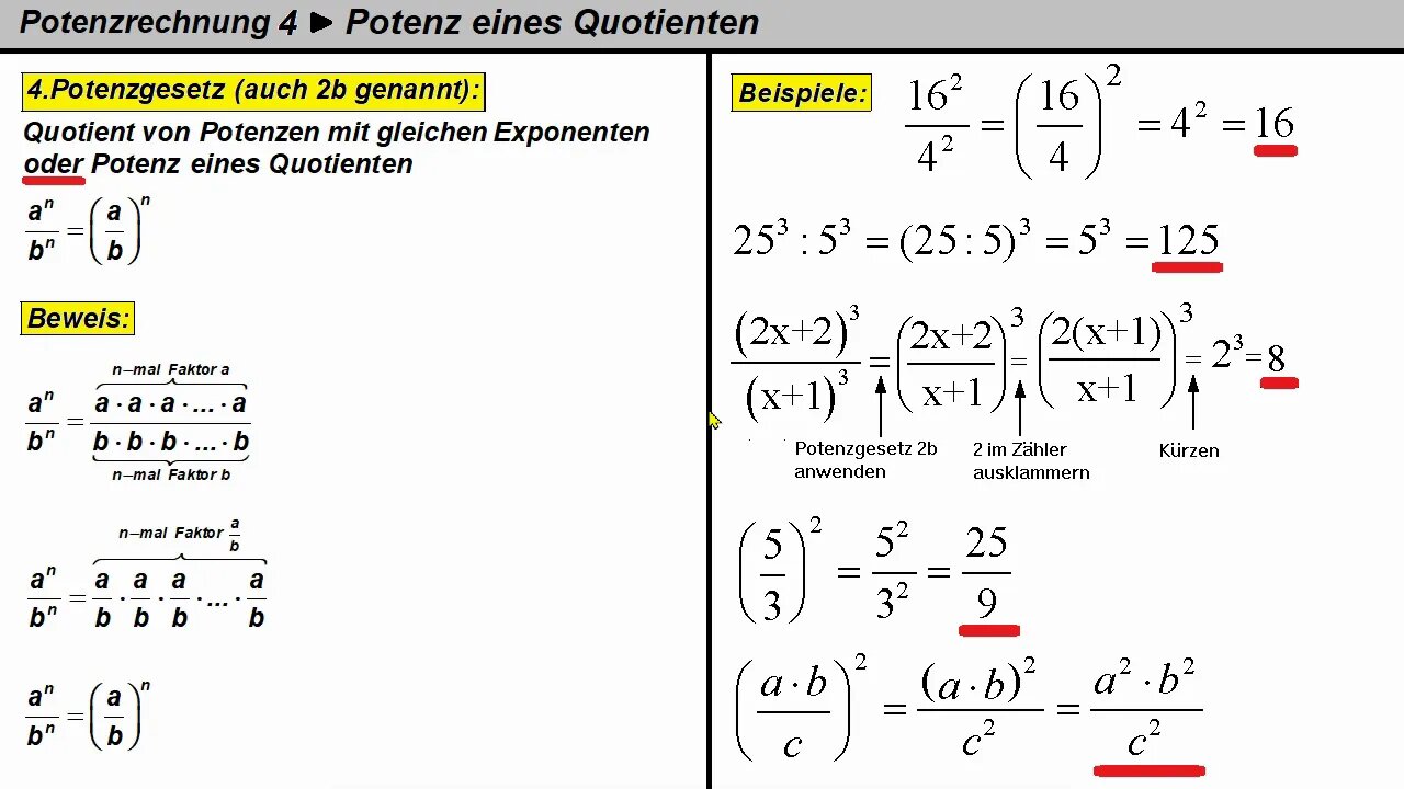 Potenzrechnung 4 ►Potenz eines Quotienten