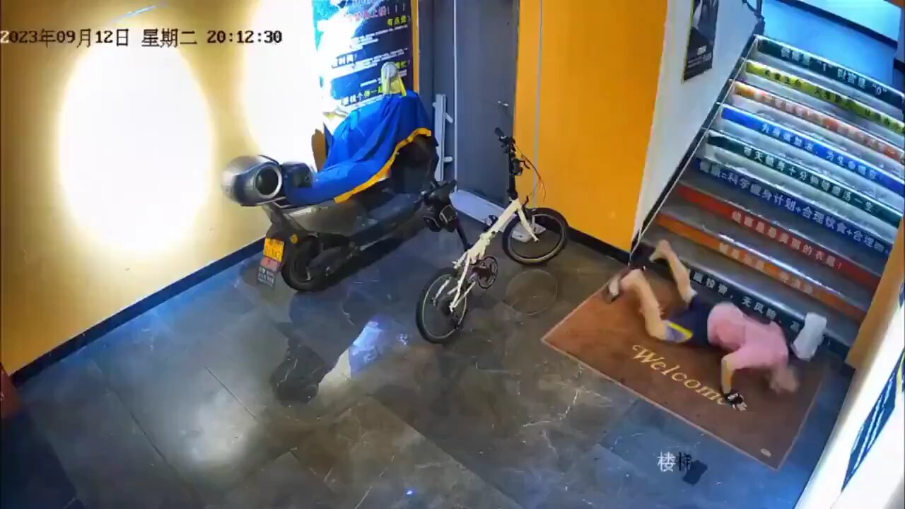 Man pours motor oil on the stairs at a gym