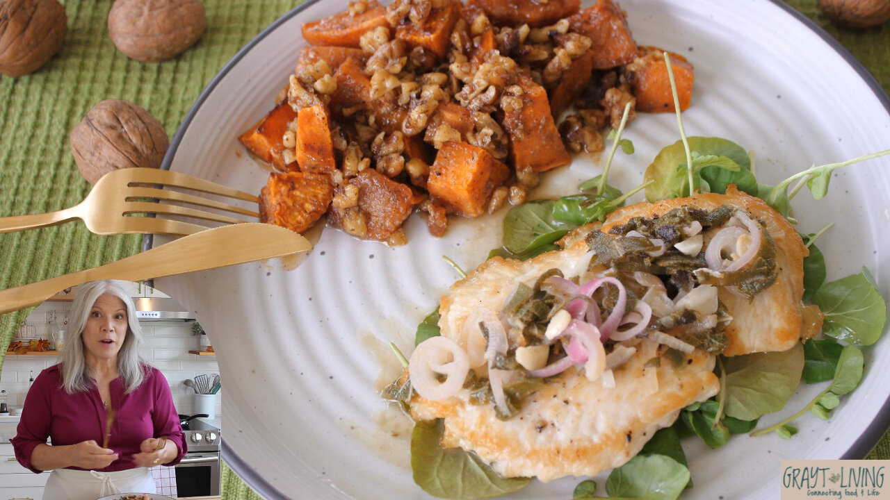 Autumn Inspired | Pan Seared Chicken with Butter Sage Sauce | Maple Walnut Sweet Potatoes