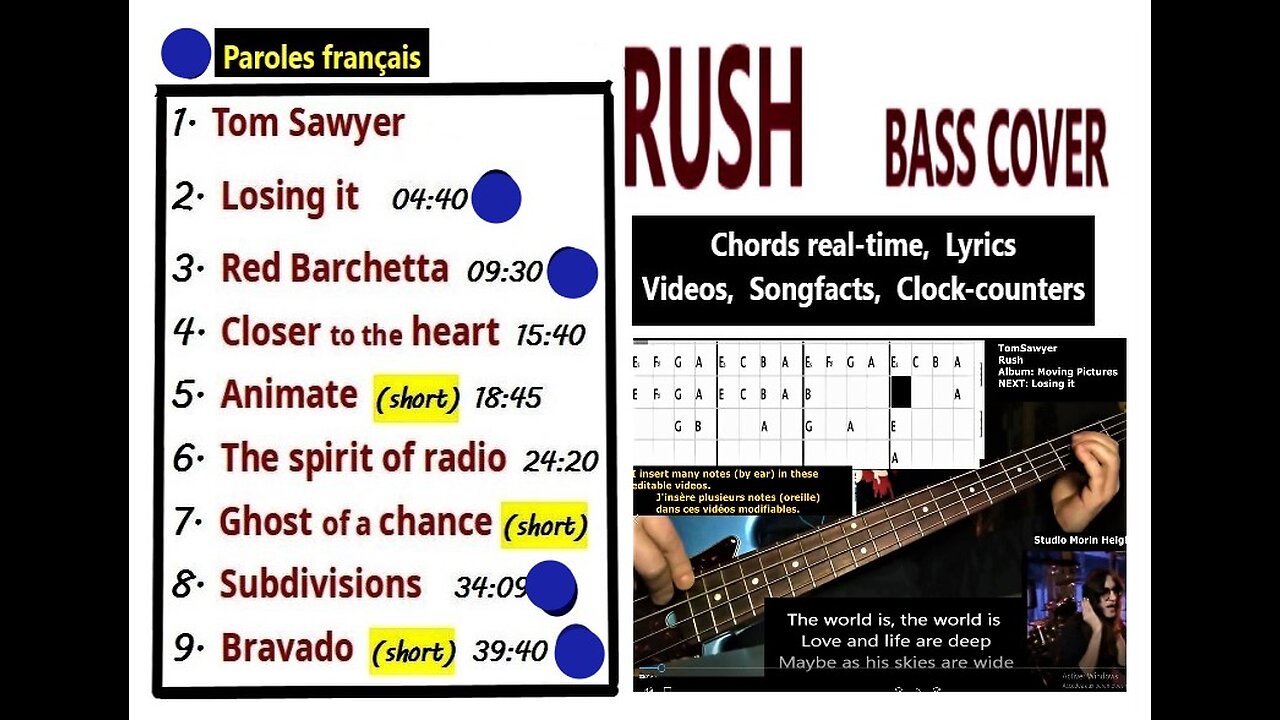 Bass cover RUSH 9 songs _ Chords real-time, Lyrics, Videos, MORE