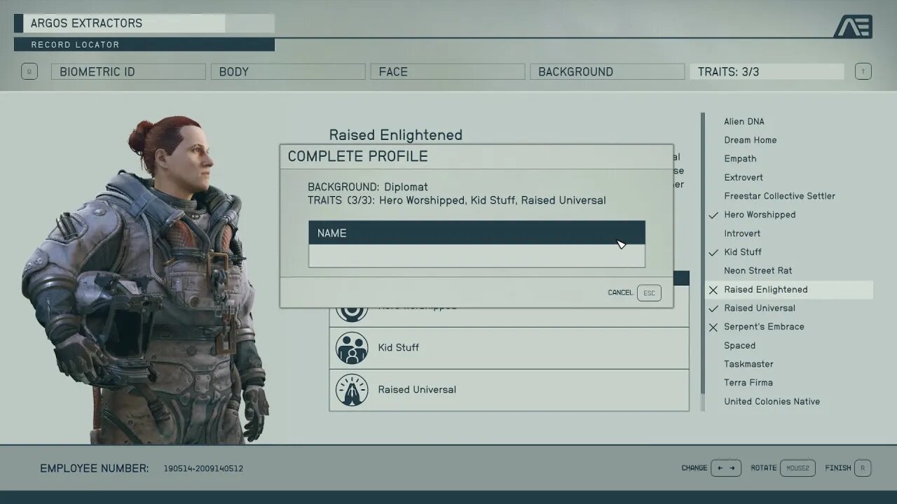 Starfield Character Creation: Raised Universal, Kid Stuff, Hero Worshipped Traits.