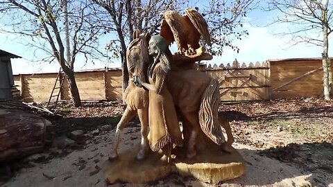 AMAZING CHAINSAW wood carving, Native American girl with horse and eagle