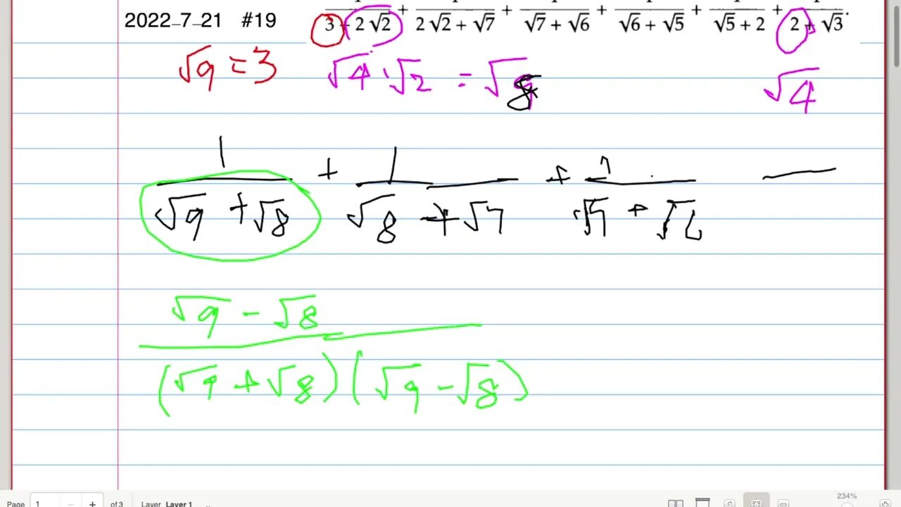 [從零到奧數] #19. 1/(3 + 2√2) + 1/(2√2 + √7) + 1/(√7 + √6) + ...+1/(2 + √3)